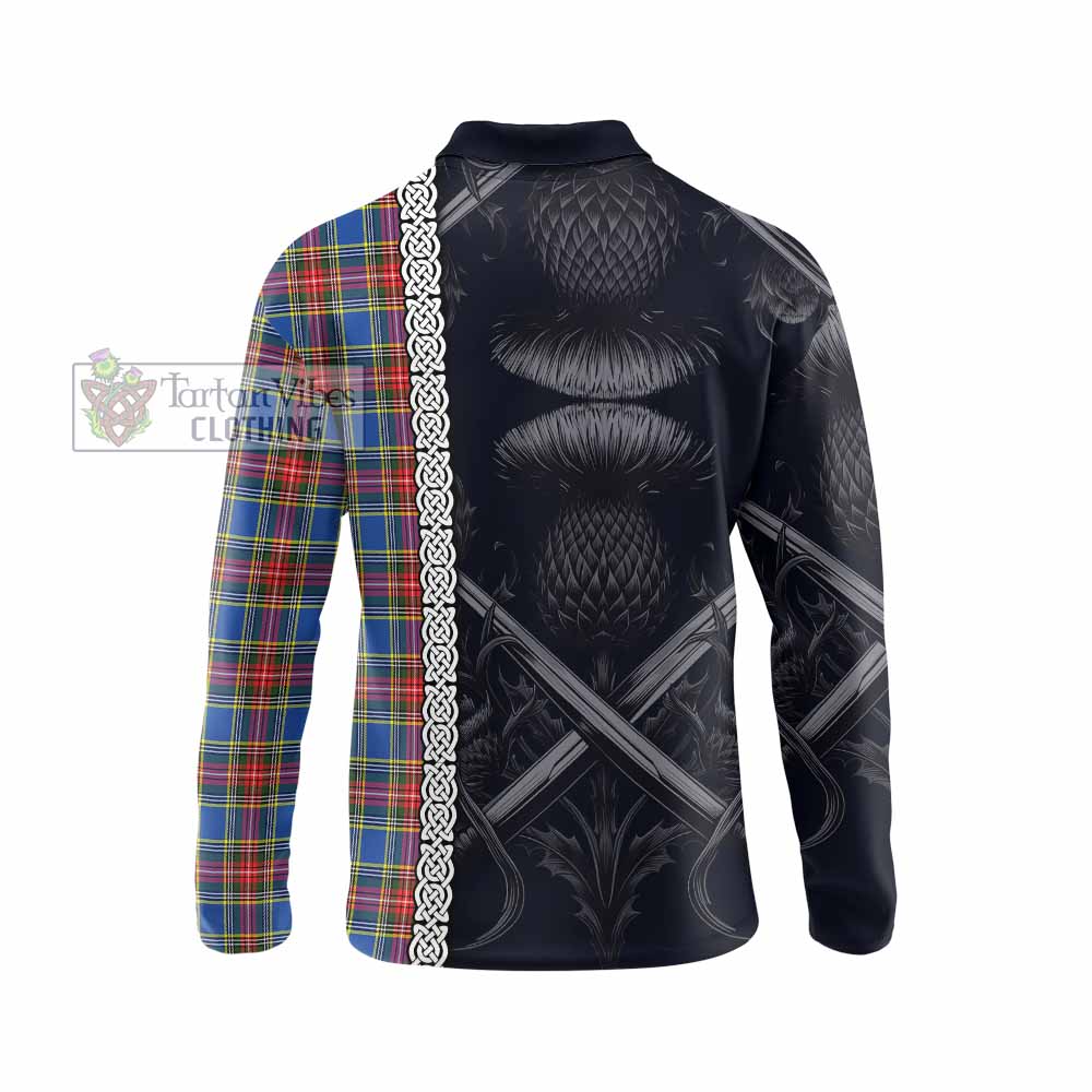 Tartan Vibes Clothing MacBeth (McBeth) Tartan Long Sleeve Polo Shirt with Family Crest Cross Sword Thistle Celtic Vibes