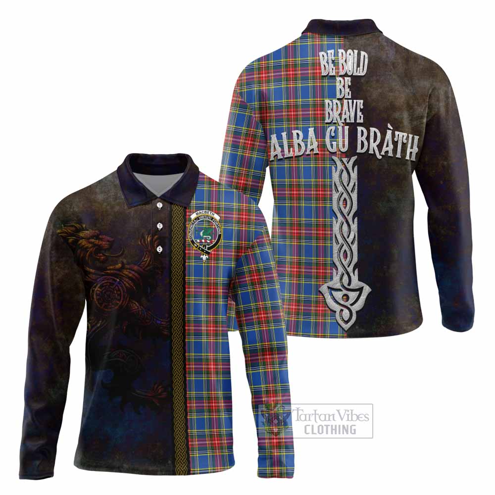 Tartan Vibes Clothing MacBeth (McBeth) Tartan Family Crest Long Sleeve Polo Shirt Alba Gu Brath Be Brave Lion Ancient Style