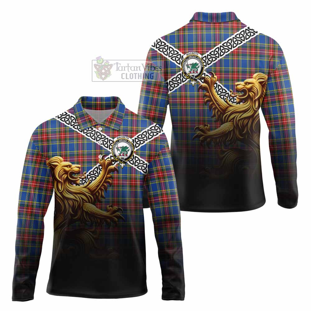MacBeth (McBeth) Crest Tartan Long Sleeve Polo Shirt with Golden Lion Emblem Celtic Style - Tartan Vibes Clothing
