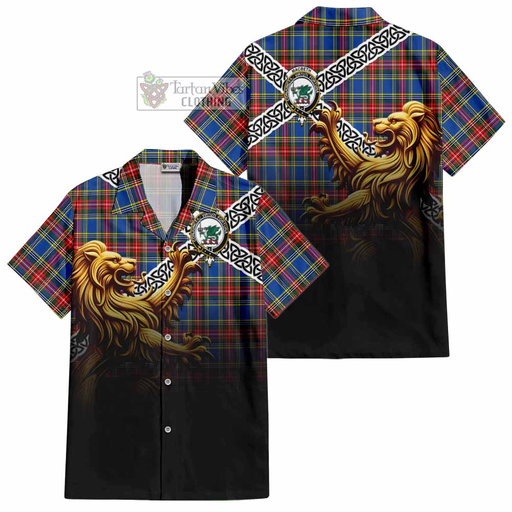 Tartan Vibes Clothing MacBeth (McBeth) Crest Tartan Short Sleeve Button Shirt with Golden Lion Emblem Celtic Style