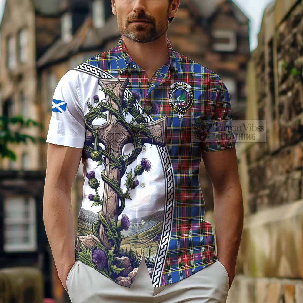 MacBeth (McBeth) Tartan Hawaiian Shirt with Family Crest and St. Andrew's Cross Accented by Thistle Vines - Tartan Vibes Clothing