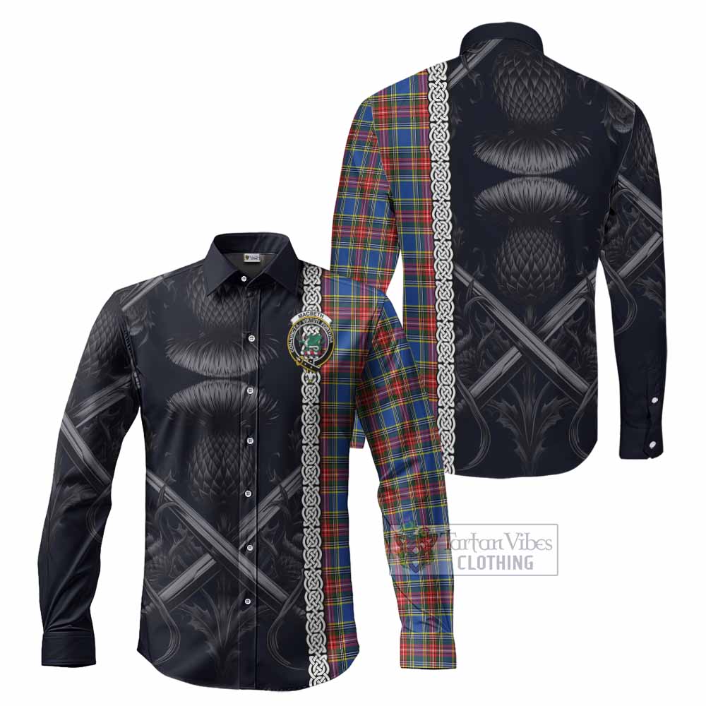 Tartan Vibes Clothing MacBeth (McBeth) Tartan Long Sleeve Button Shirt with Family Crest Cross Sword Thistle Celtic Vibes