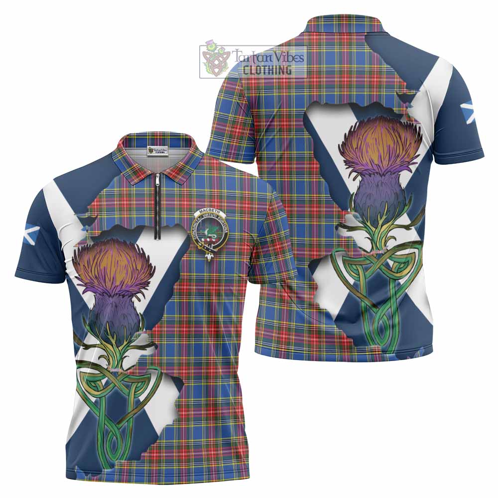 Tartan Vibes Clothing MacBeth (McBeth) Tartan Family Crest Zipper Polo Shirt Scottish Thistle Celtic Inspired