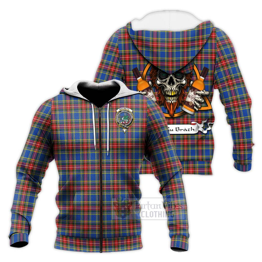 Tartan Vibes Clothing MacBeth (McBeth) Tartan Knitted Hoodie with Family Crest and Bearded Skull Holding Bottles of Whiskey