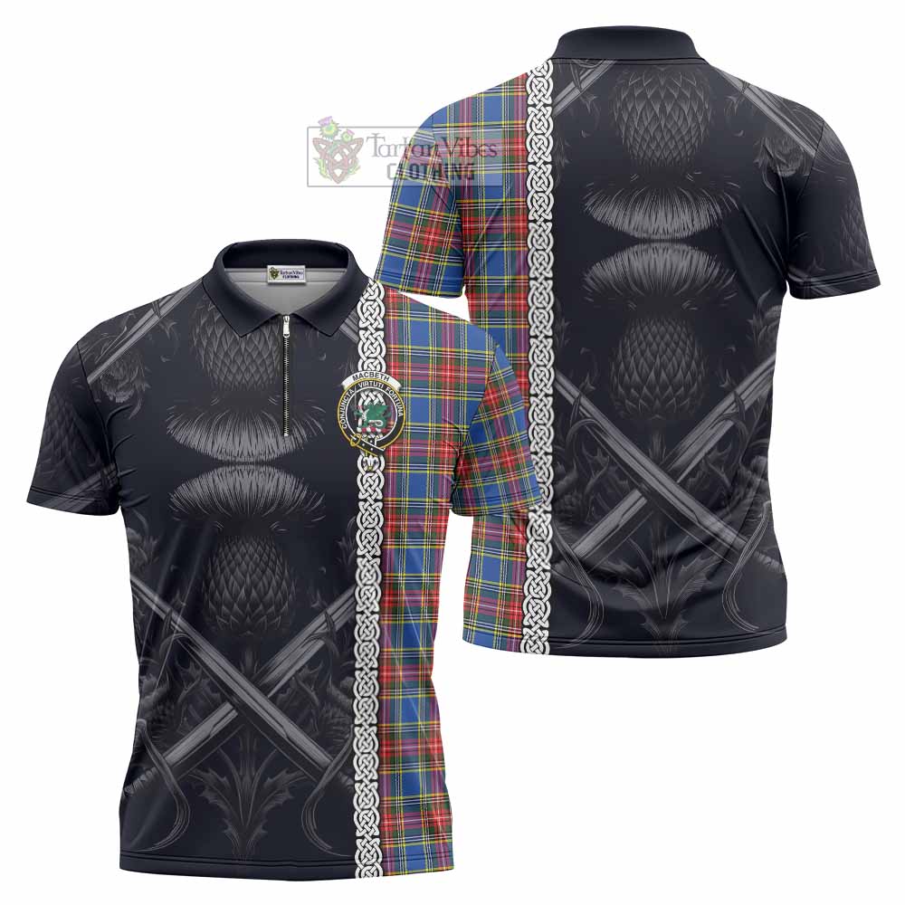 MacBeth (McBeth) Tartan Zipper Polo Shirt with Family Crest Cross Sword Thistle Celtic Vibes - Tartan Vibes Clothing