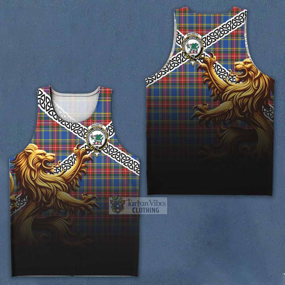 Tartan Vibes Clothing MacBeth (McBeth) Crest Tartan Men's Tank Top with Golden Lion Emblem Celtic Style