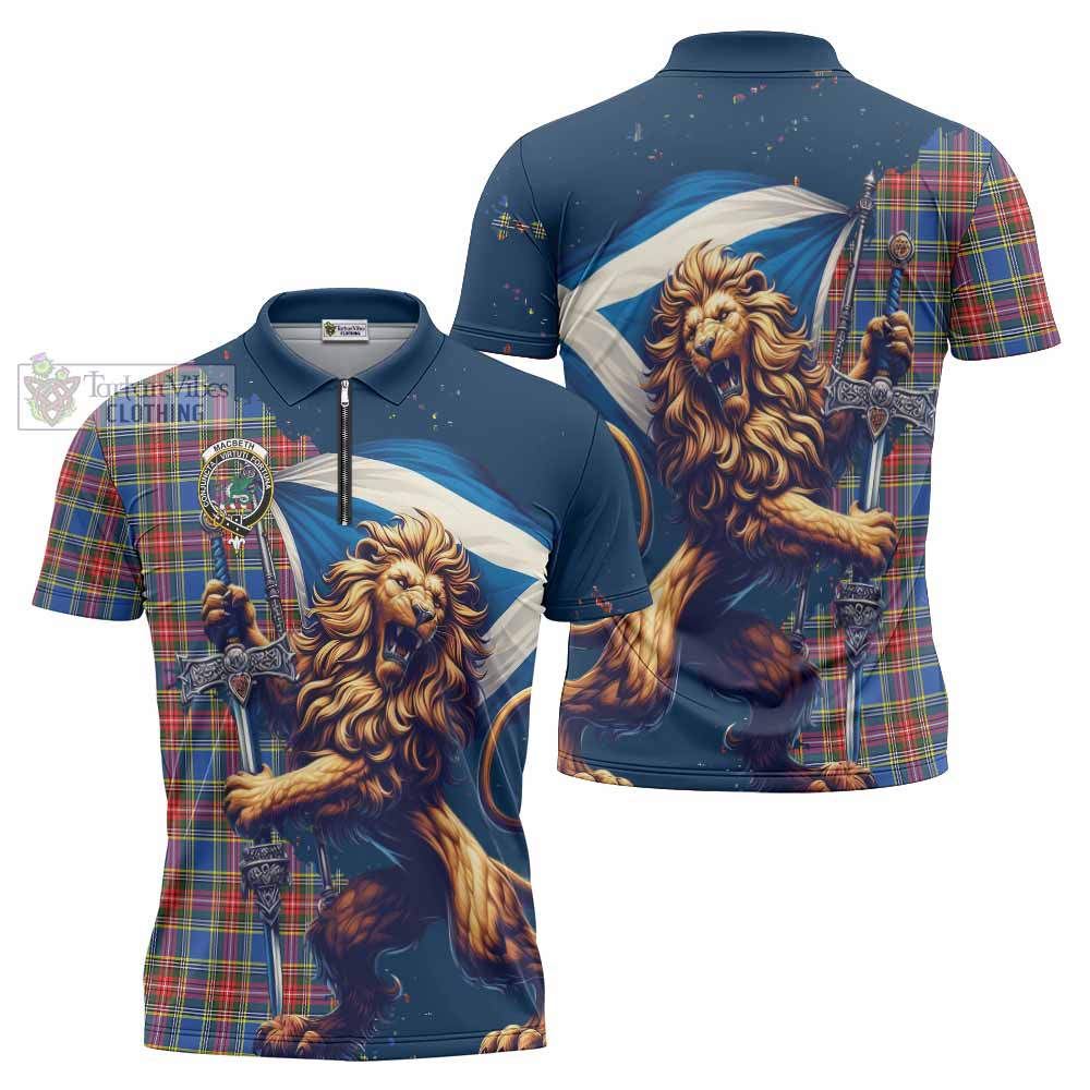 MacBeth (McBeth) Tartan Family Crest Zipper Polo Shirt with Scottish Majestic Lion - Tartan Vibes Clothing