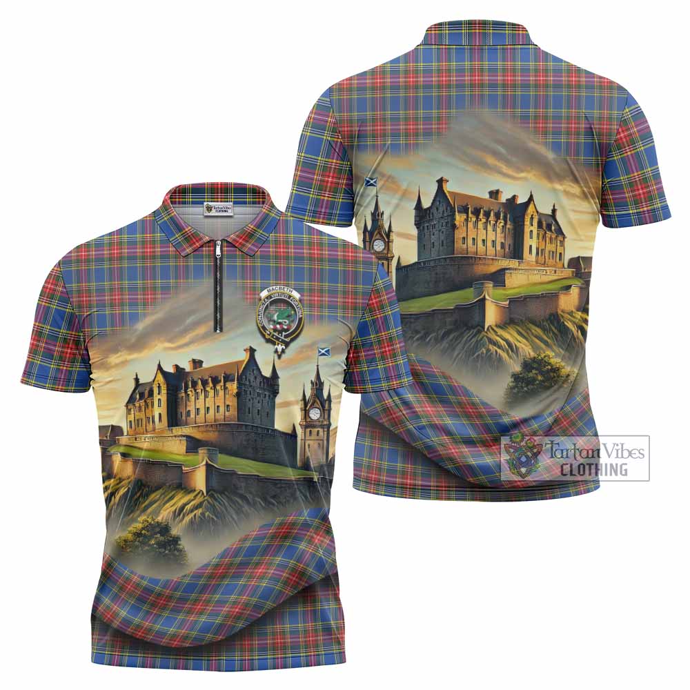 MacBeth (McBeth) Tartan Family Crest Zipper Polo Shirt with Scottish Ancient Castle Style - Tartan Vibes Clothing