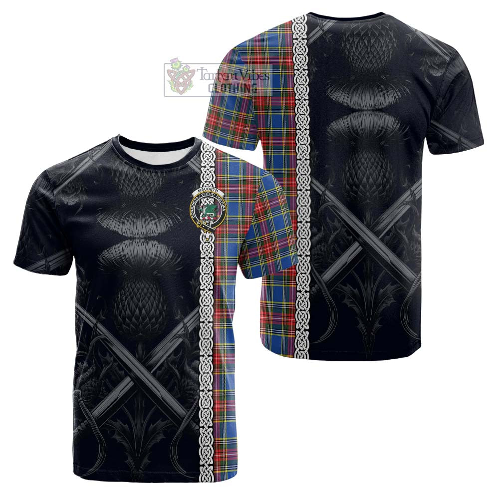 Tartan Vibes Clothing MacBeth (McBeth) Tartan Cotton T-shirt with Family Crest Cross Sword Thistle Celtic Vibes