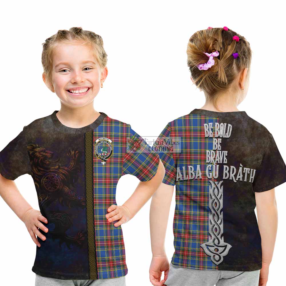Tartan Vibes Clothing MacBeth (McBeth) Tartan Family Crest Kid T-Shirt Alba Gu Brath Be Brave Lion Ancient Style