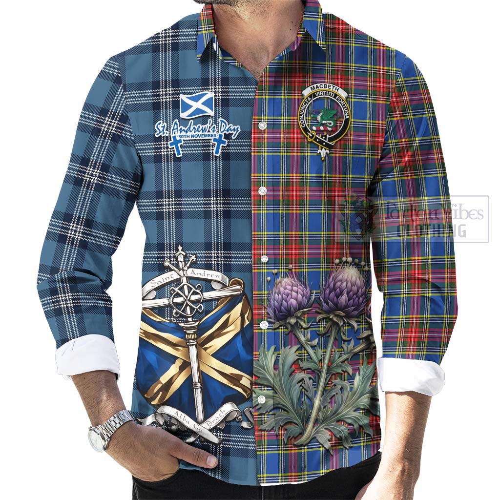 MacBeth (McBeth) Tartan Long Sleeve Button Shirt Happy St. Andrew's Day Half Tartan Style - Tartan Vibes Clothing