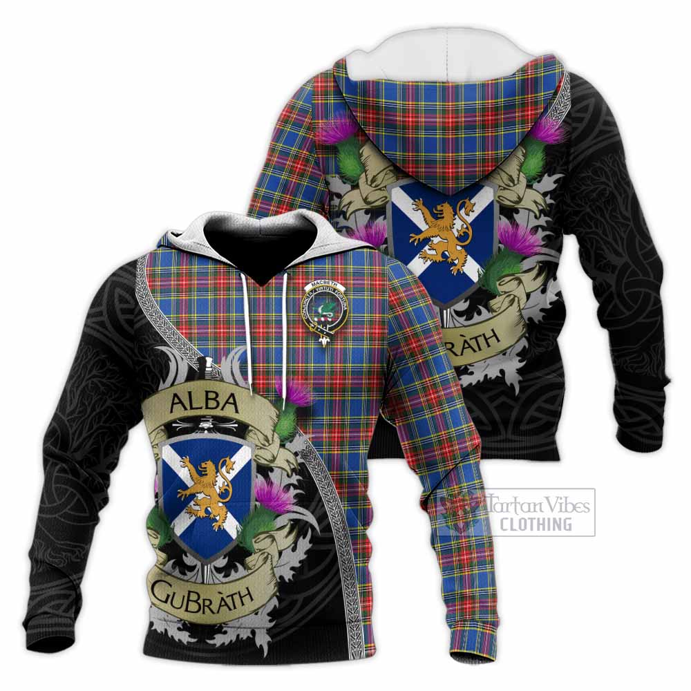 Tartan Vibes Clothing MacBeth (McBeth) Tartan Family Crest Knitted Hoodie Lion Rampant Royal Thistle Shield Celtic Inspired