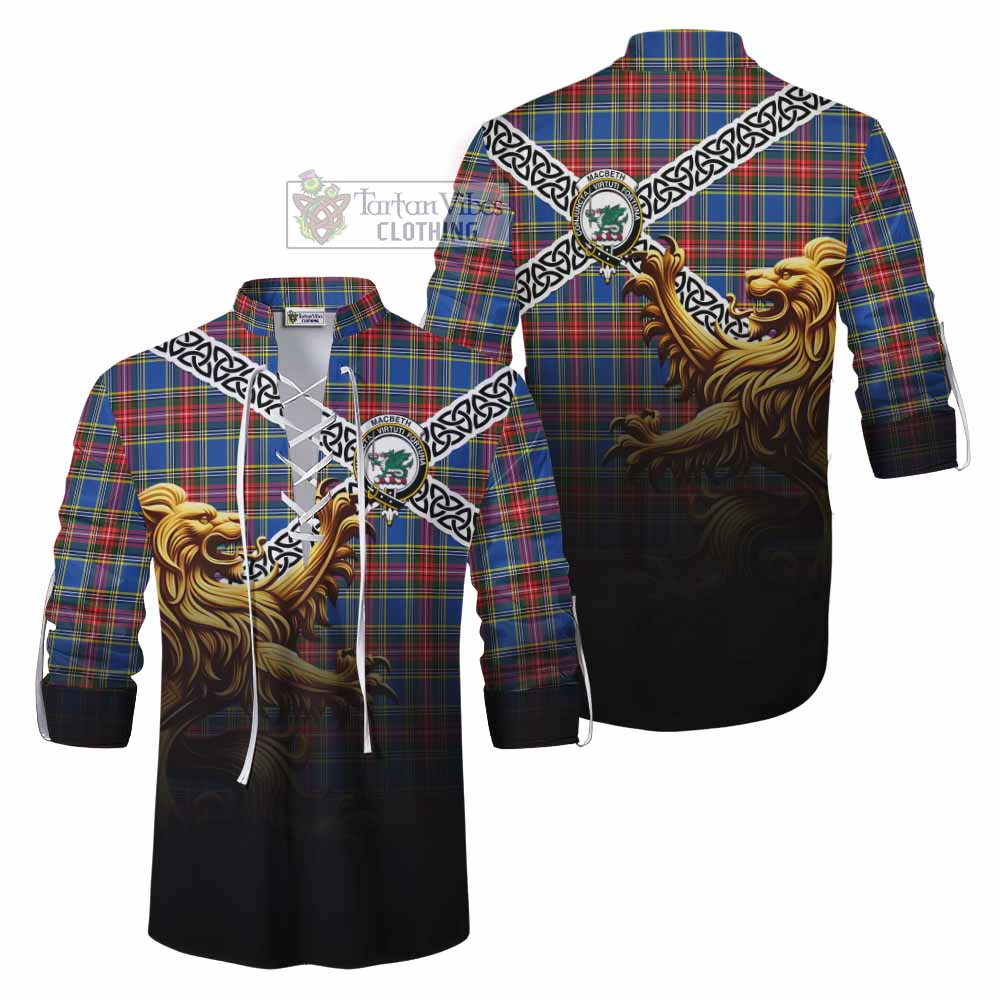 MacBeth (McBeth) Crest Tartan Ghillie Kilt Shirt with Golden Lion Emblem Celtic Style - Tartan Vibes Clothing