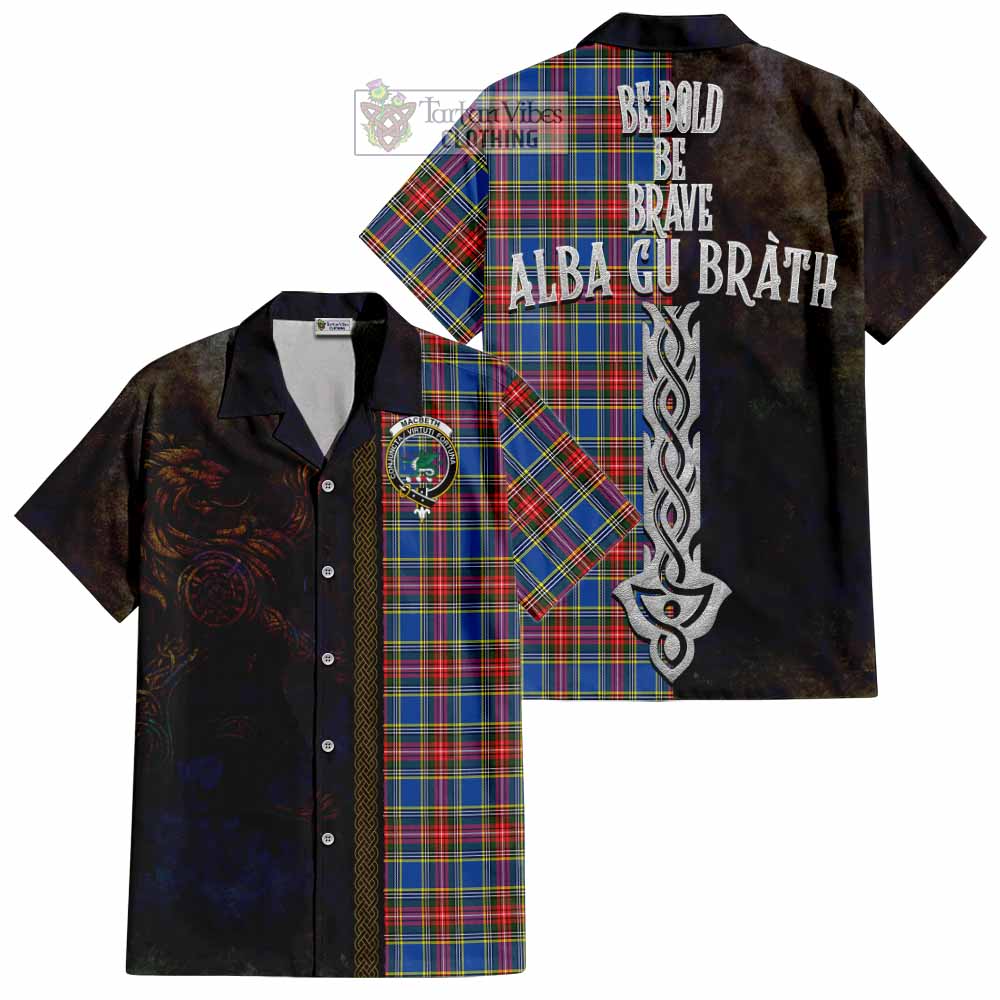 Tartan Vibes Clothing MacBeth (McBeth) Tartan Family Crest Short Sleeve Button Shirt Alba Gu Brath Be Brave Lion Ancient Style