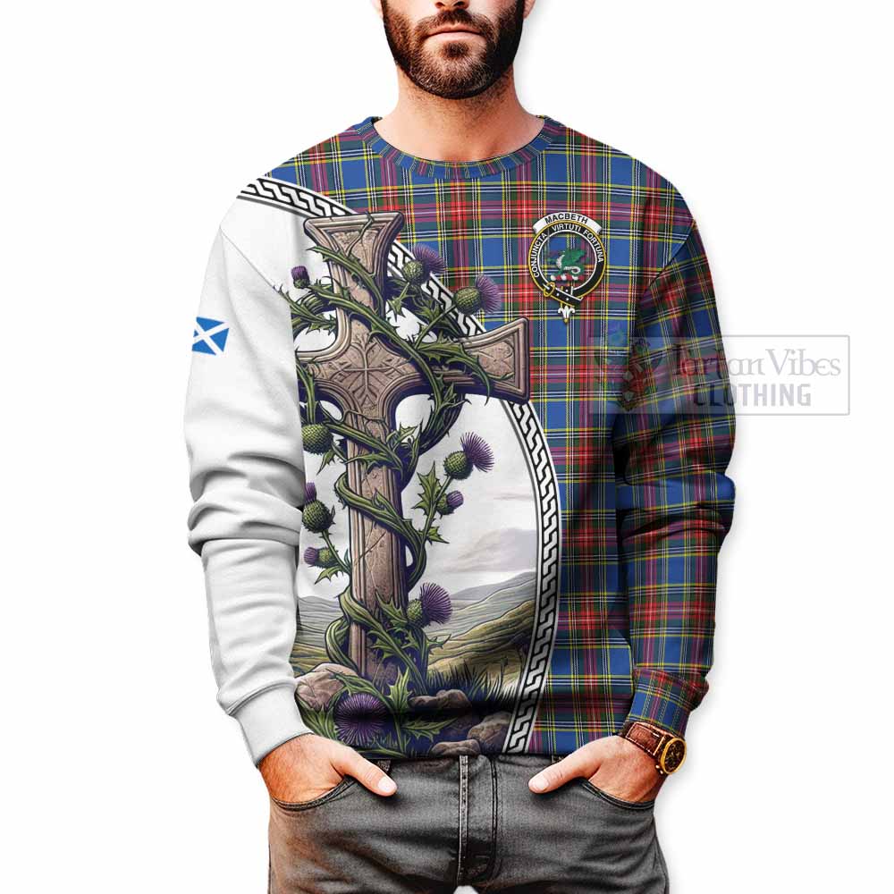 MacBeth (McBeth) Tartan Sweatshirt with Family Crest and St. Andrew's Cross Accented by Thistle Vines - Tartan Vibes Clothing