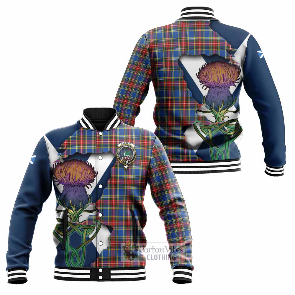 Tartan Vibes Clothing MacBeth (McBeth) Tartan Family Crest Baseball Jacket Scottish Thistle Celtic Inspired