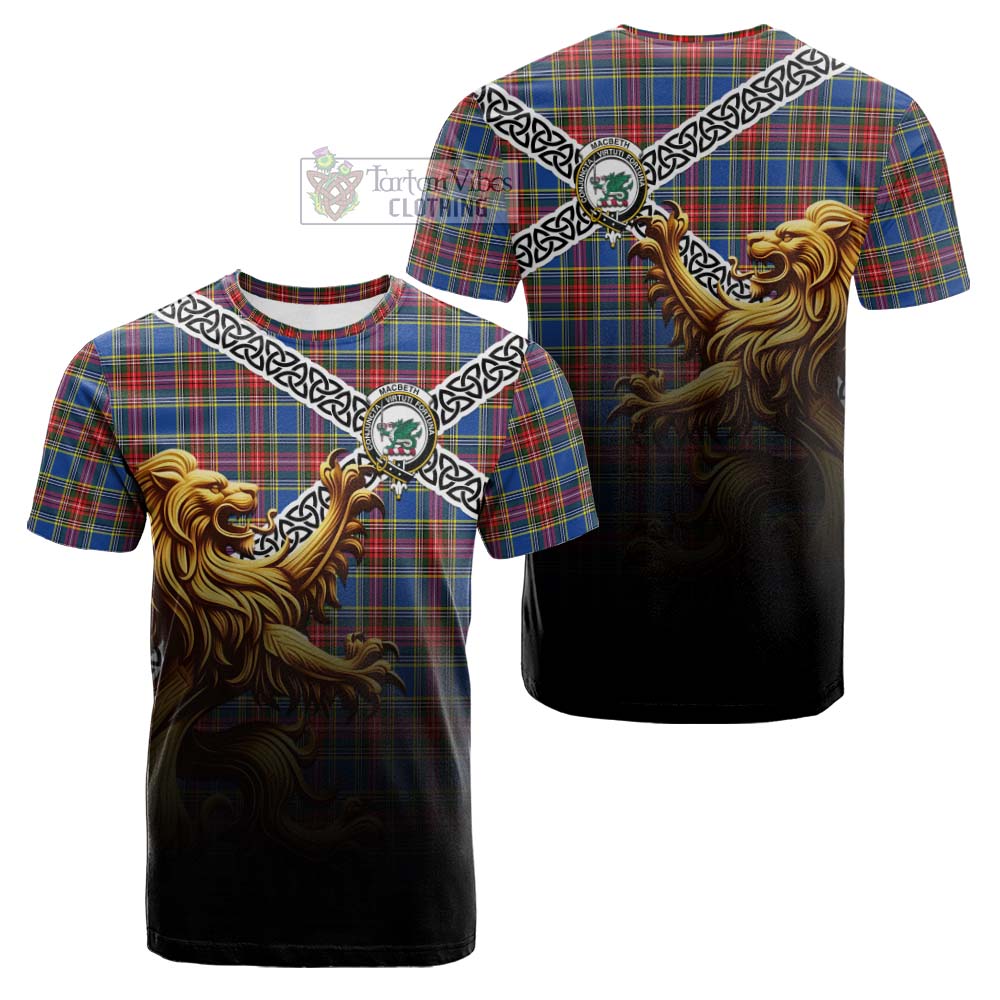 Tartan Vibes Clothing MacBeth (McBeth) Crest Tartan Cotton T-shirt with Golden Lion Emblem Celtic Style