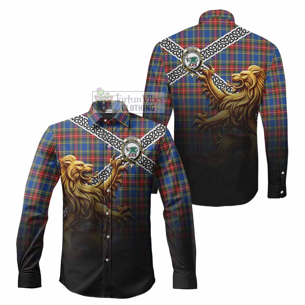 Tartan Vibes Clothing MacBeth (McBeth) Crest Tartan Long Sleeve Button Shirt with Golden Lion Emblem Celtic Style