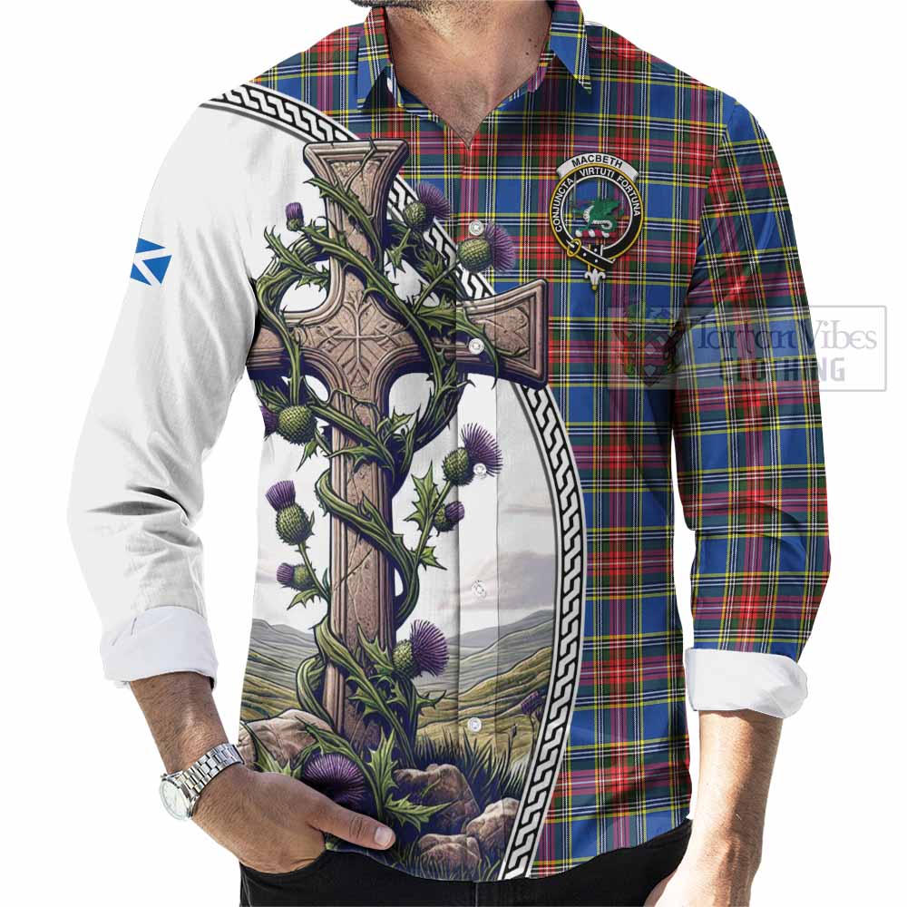 MacBeth (McBeth) Tartan Long Sleeve Button Shirt with Family Crest and St. Andrew's Cross Accented by Thistle Vines - Tartan Vibes Clothing