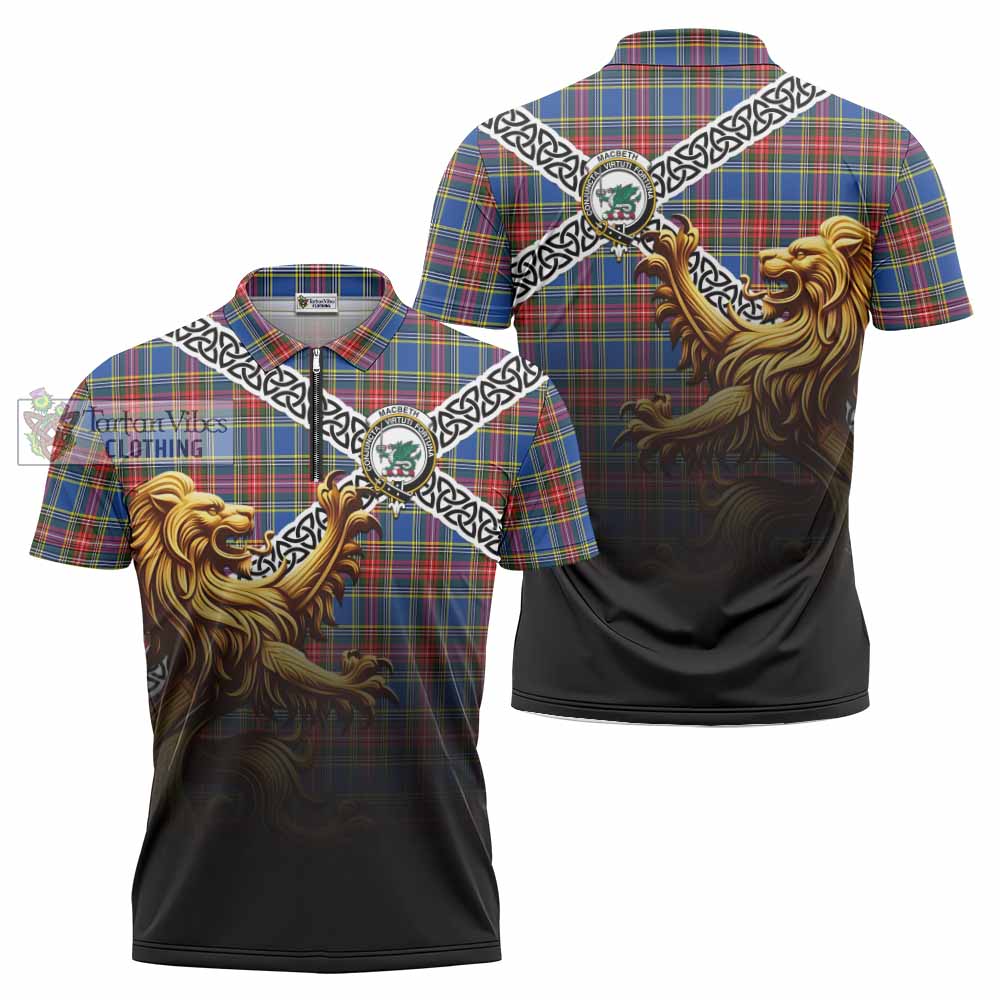 MacBeth (McBeth) Crest Tartan Zipper Polo Shirt with Golden Lion Emblem Celtic Style - Tartan Vibes Clothing