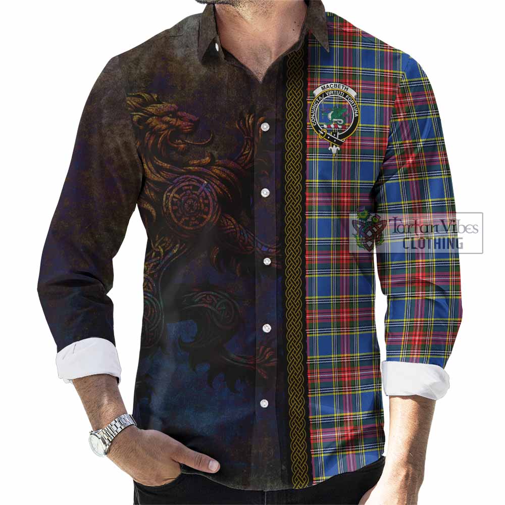 Tartan Vibes Clothing MacBeth (McBeth) Tartan Family Crest Long Sleeve Button Shirt Alba Gu Brath Be Brave Lion Ancient Style
