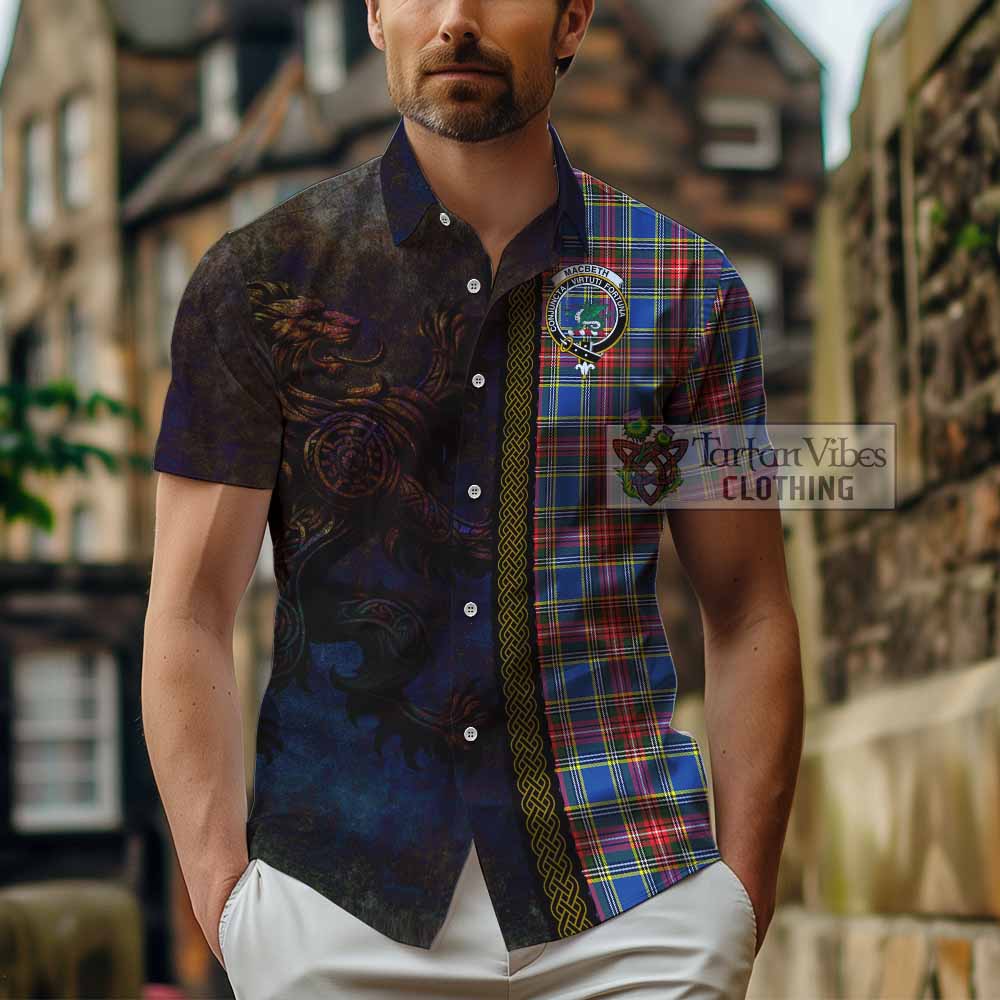 Tartan Vibes Clothing MacBeth (McBeth) Tartan Family Crest Short Sleeve Button Shirt Alba Gu Brath Be Brave Lion Ancient Style