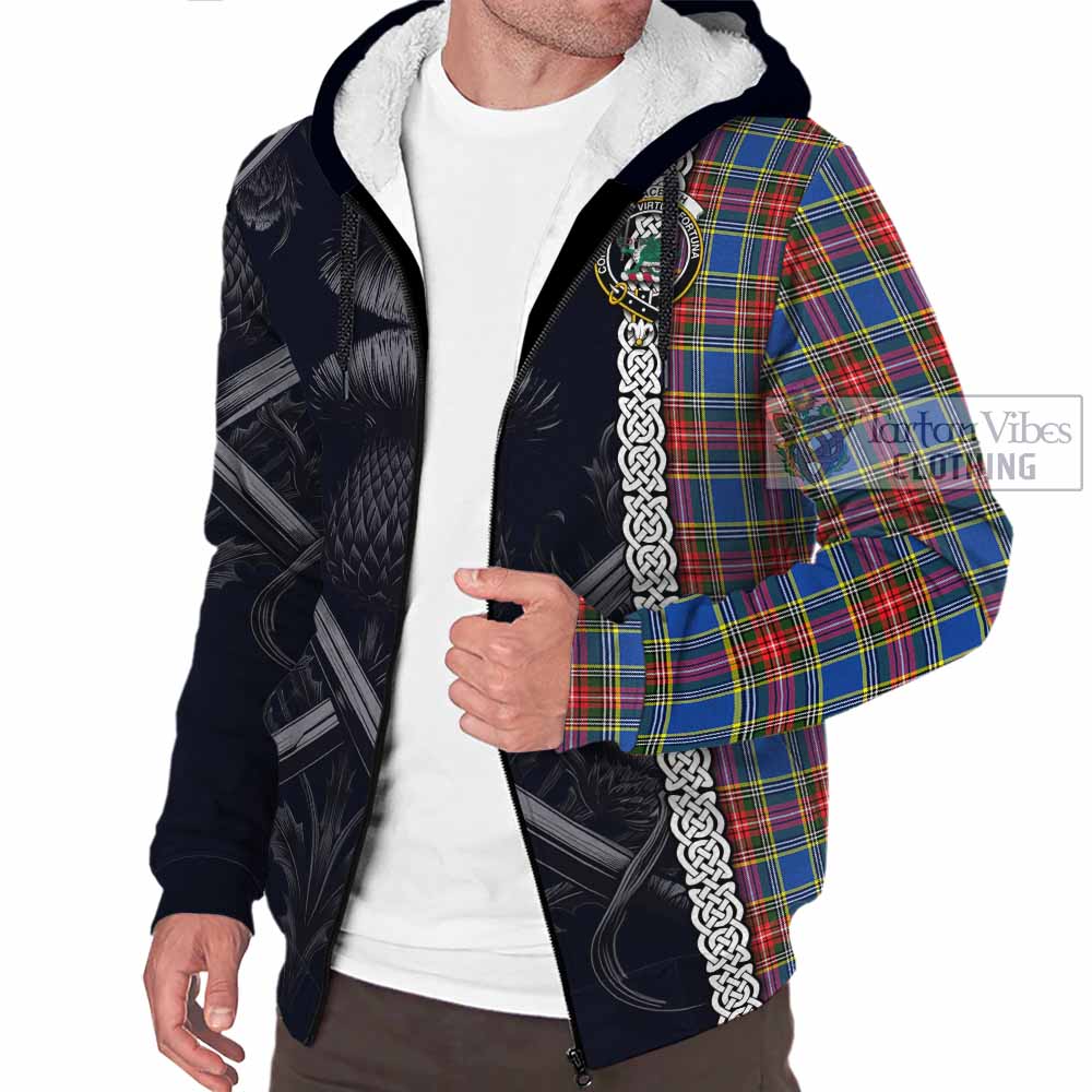 MacBeth (McBeth) Tartan Sherpa Hoodie with Family Crest Cross Sword Thistle Celtic Vibes - Tartan Vibes Clothing