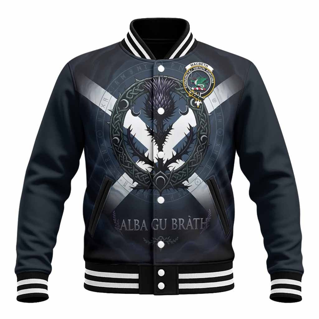 MacBeth (McBeth) Clan Crest Baseball Jacket with Celtic Knot Thistle and Saltire