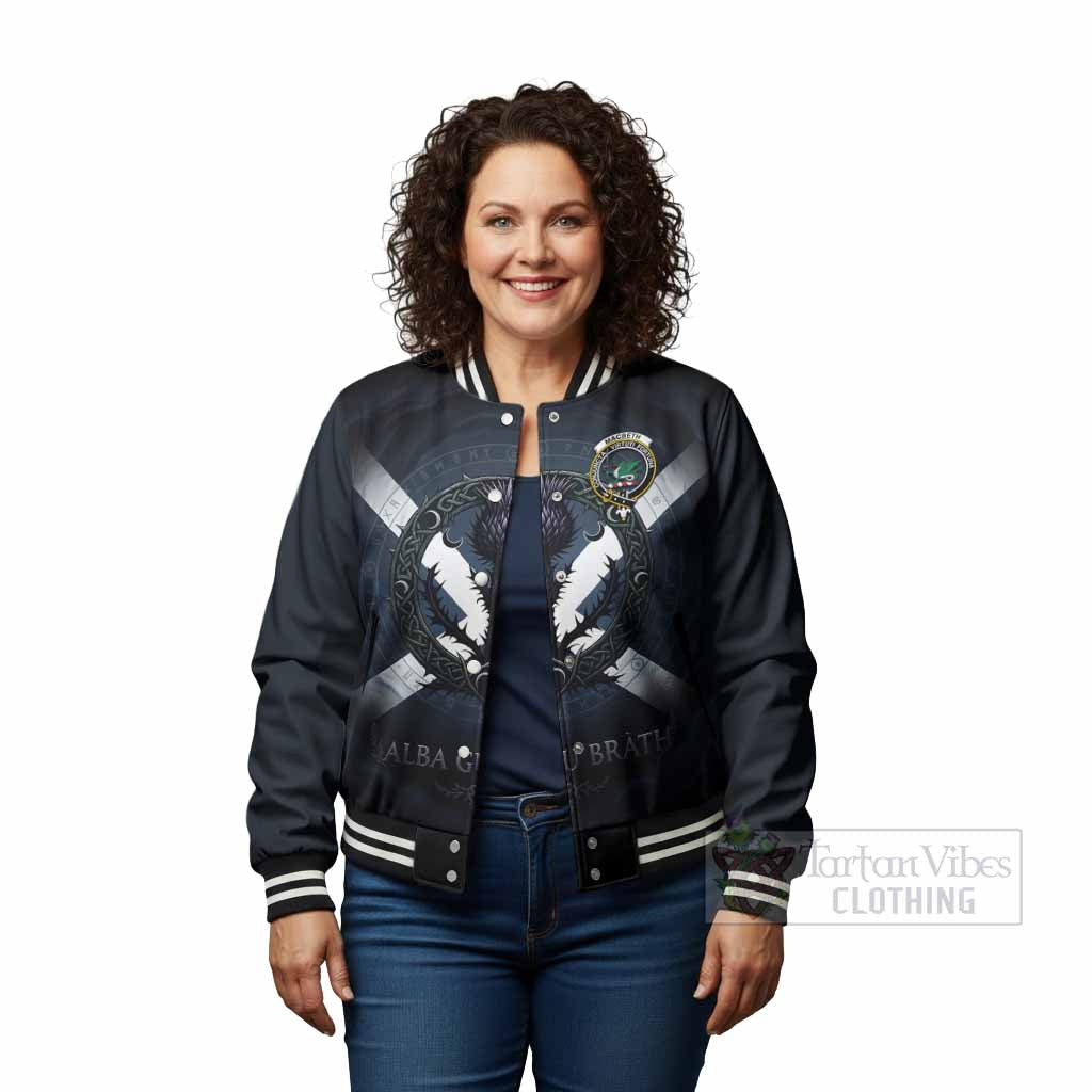 MacBeth (McBeth) Clan Crest Baseball Jacket with Celtic Knot Thistle and Saltire