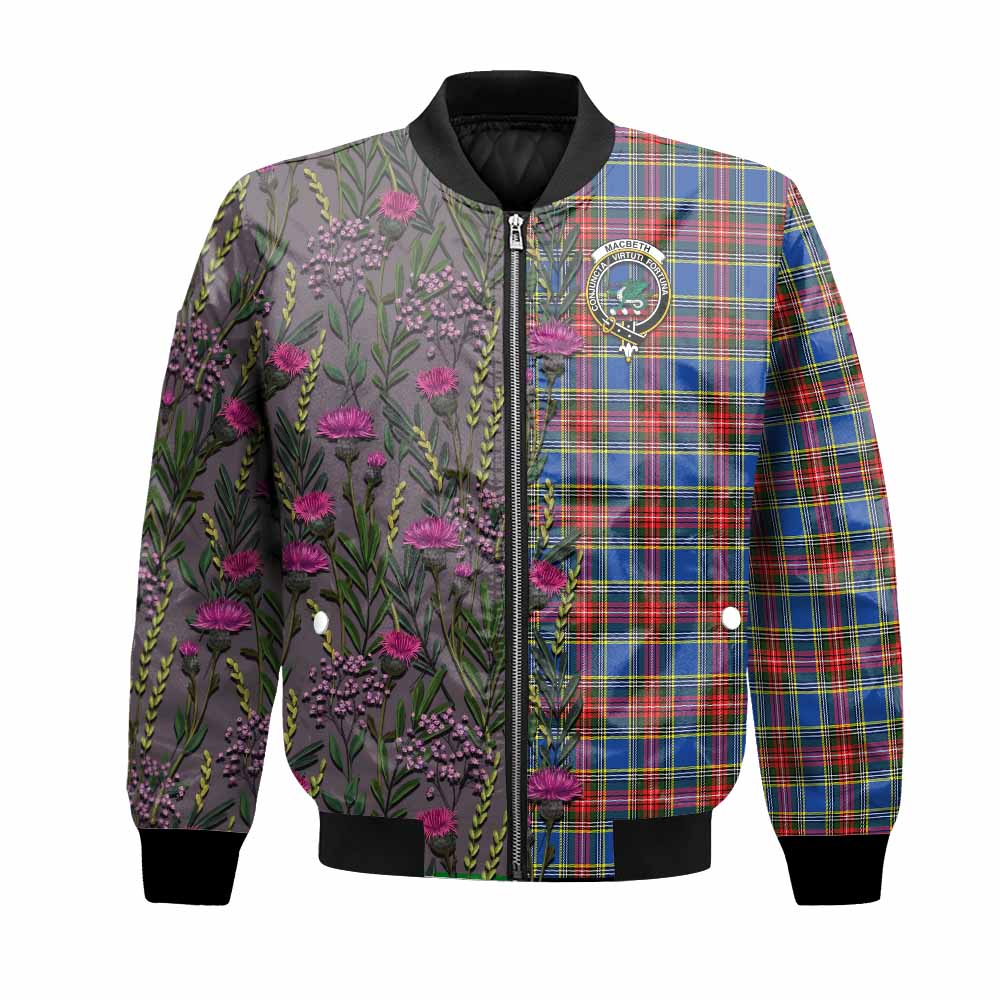 MacBeth (McBeth) Family Crest Tartan Bomber Jacket Scottish Thistle Flower Pattern Half Style Unisex Black - Tartan Vibes Clothing