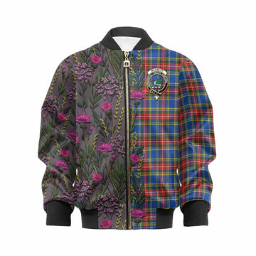MacBeth (McBeth) Family Crest Tartan Kid Bomber Jacket Scottish Thistle Flower Pattern Half Style - Tartan Vibes Clothing