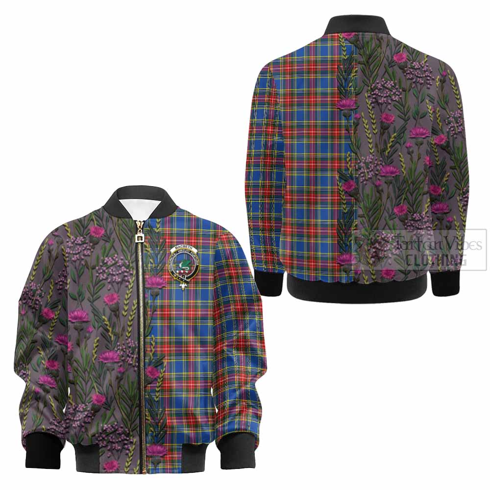 MacBeth (McBeth) Family Crest Tartan Kid Bomber Jacket Scottish Thistle Flower Pattern Half Style - Tartan Vibes Clothing