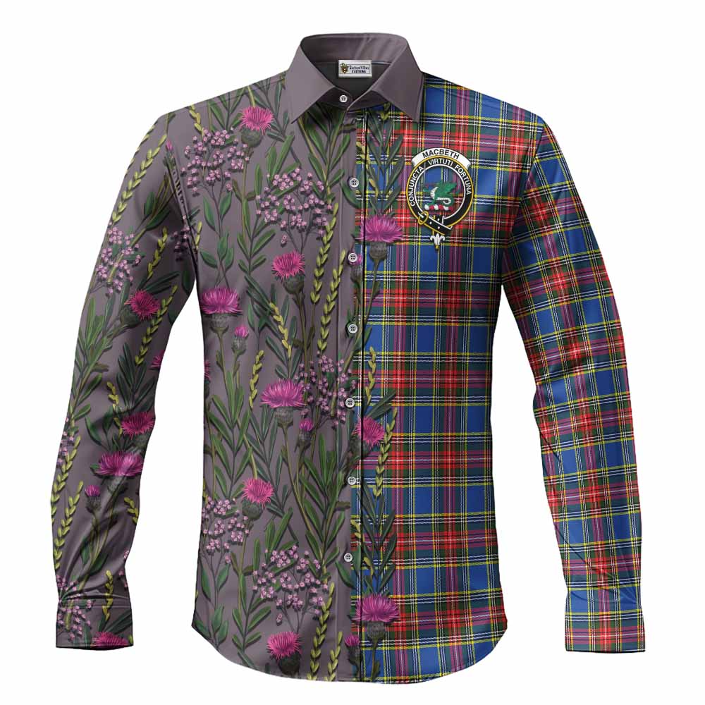 MacBeth (McBeth) Family Crest Tartan Long Sleeve Button Shirts Scottish Thistle Flower Pattern Half Style - Tartan Vibes Clothing