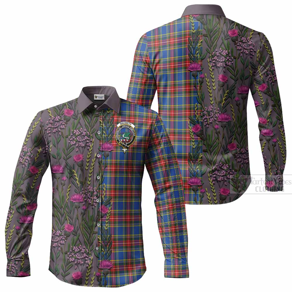 MacBeth (McBeth) Family Crest Tartan Long Sleeve Button Shirts Scottish Thistle Flower Pattern Half Style - Tartan Vibes Clothing
