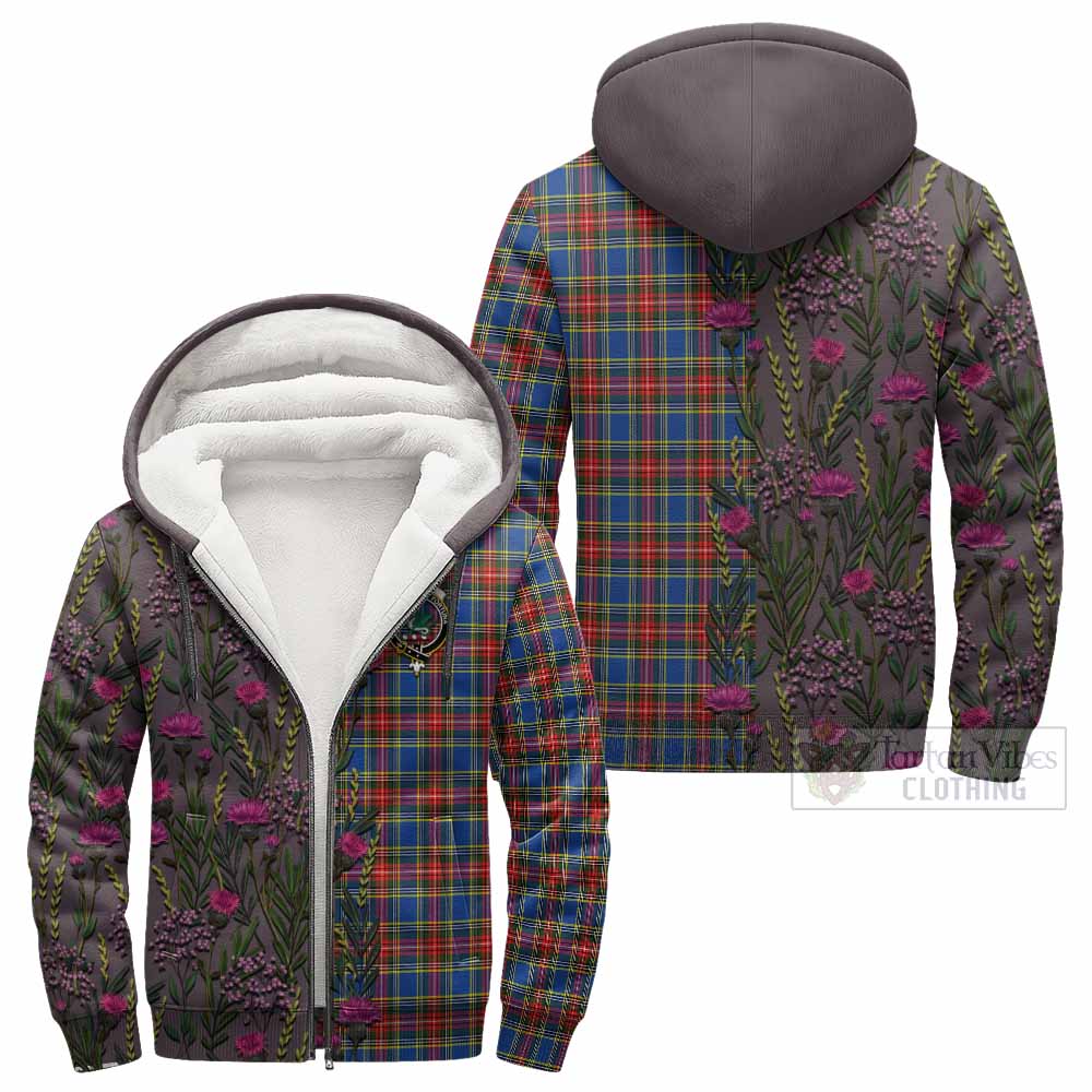 MacBeth (McBeth) Family Crest Tartan Sherpa Hoodie Scottish Thistle Flower Pattern Half Style - Tartan Vibes Clothing
