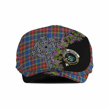 MacBeth (McBeth) Scottish Fraoch Thistle Tartan Flat Cap, Jeff Cap Celtic Cross
