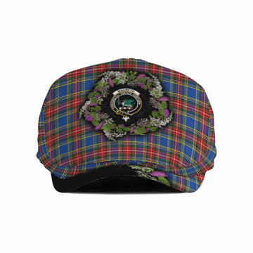 MacBeth (McBeth) Scottish Tartan White Heather With Thistle Flat Cap, Jeff Cap Beir Buaidh!