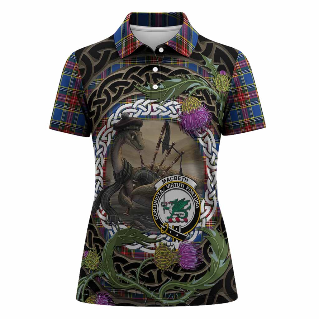MacBeth (McBeth) Tartan Crest Bagpipe Nessie Women Polo Shirt Scottish Loch Ness Monster Celtic Thistle