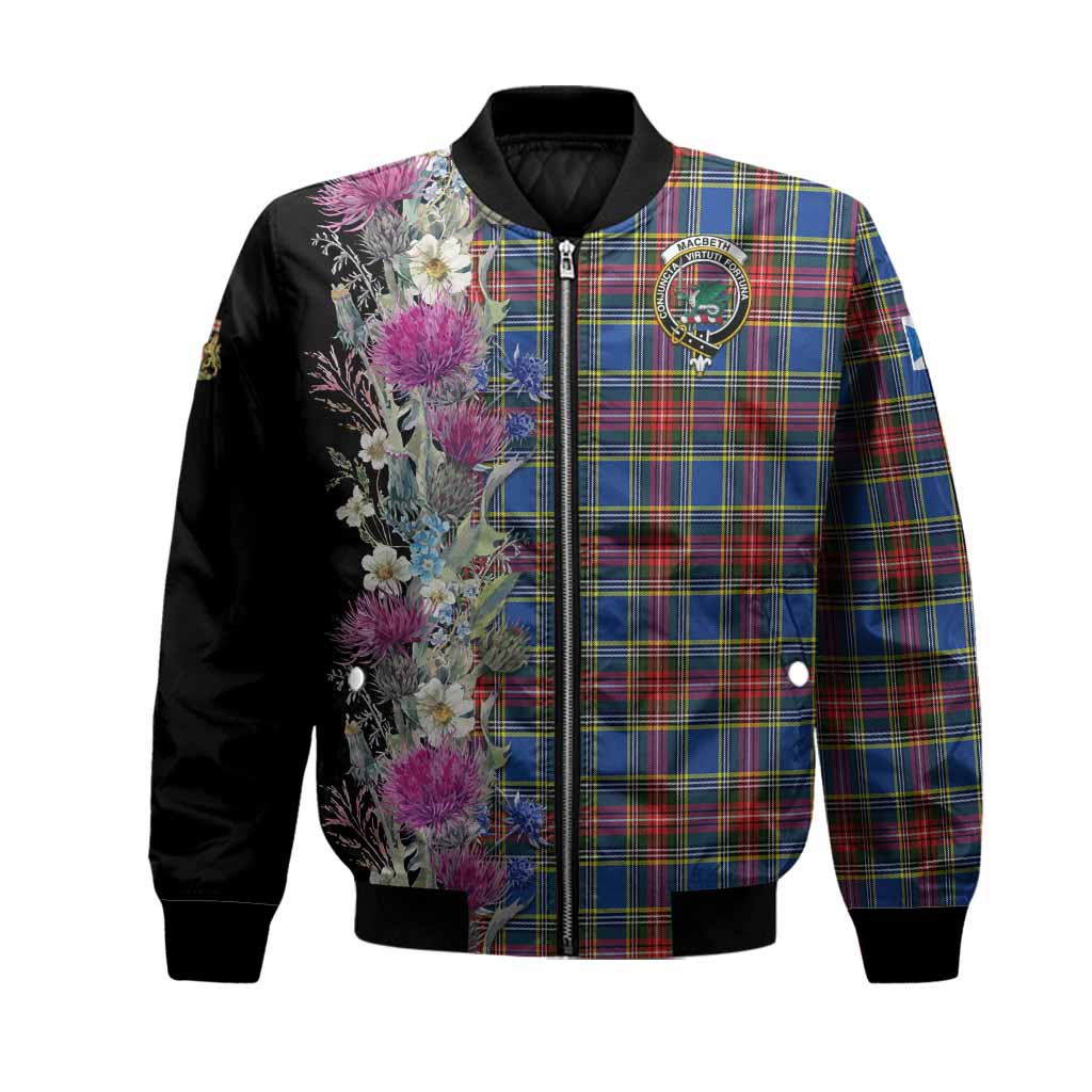 MacBeth (McBeth) Tartan Crest Thistle Floral Bomber Jacket Unisex Black - Tartan Vibes Clothing