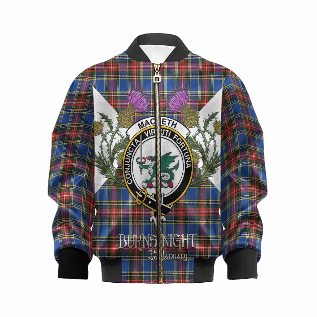 MacBeth (McBeth) Tartan Family Crest Kid Bomber Jacket Scottish Burns Night Thistle Floral