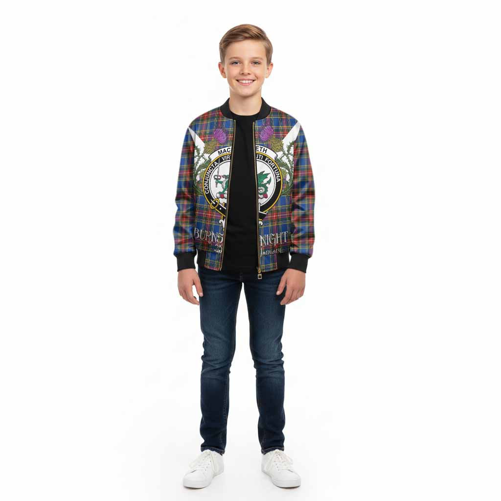 MacBeth (McBeth) Tartan Family Crest Kid Bomber Jacket Scottish Burns Night Thistle Floral