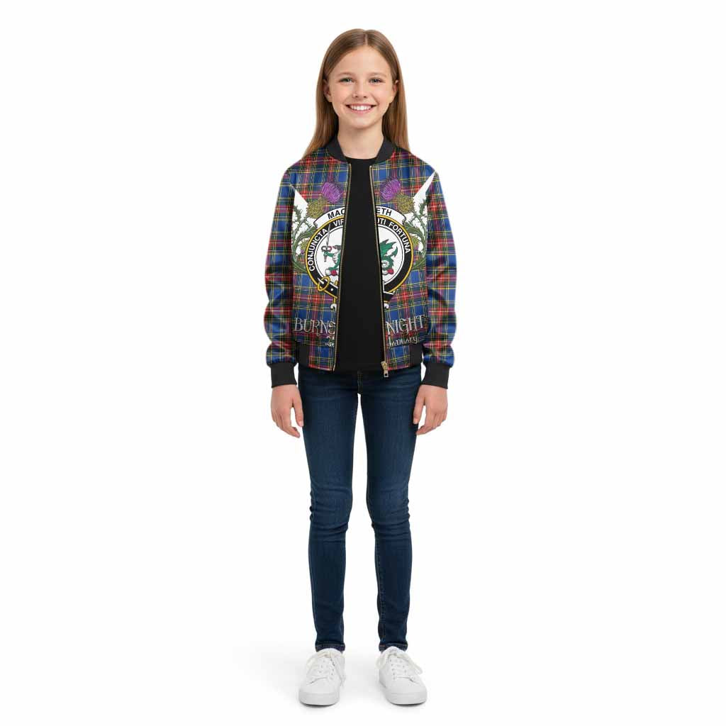 MacBeth (McBeth) Tartan Family Crest Kid Bomber Jacket Scottish Burns Night Thistle Floral