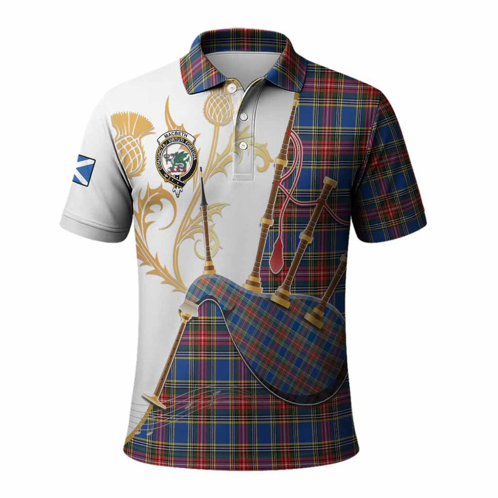 MacBeth (McBeth) Tartan Family Crest Polo Shirt Bagpipes with Scottish Thistle