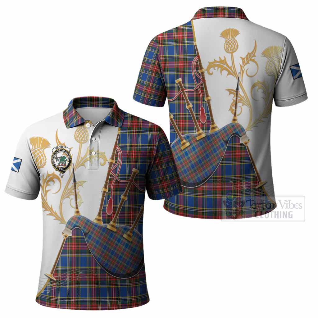 MacBeth (McBeth) Tartan Family Crest Polo Shirt Bagpipes with Scottish Thistle