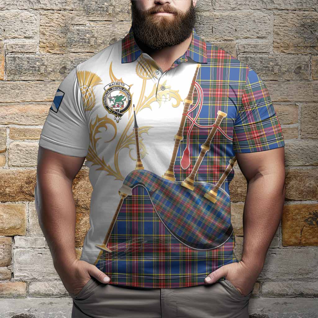 MacBeth (McBeth) Tartan Family Crest Polo Shirt Bagpipes with Scottish Thistle
