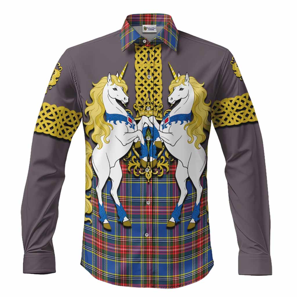 MacBeth (McBeth) Tartan Long Sleeve Button Shirts Unicorn Celtic Knot And Thistle Emblem