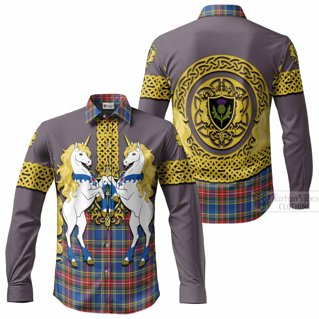 MacBeth (McBeth) Tartan Long Sleeve Button Shirts Unicorn Celtic Knot And Thistle Emblem