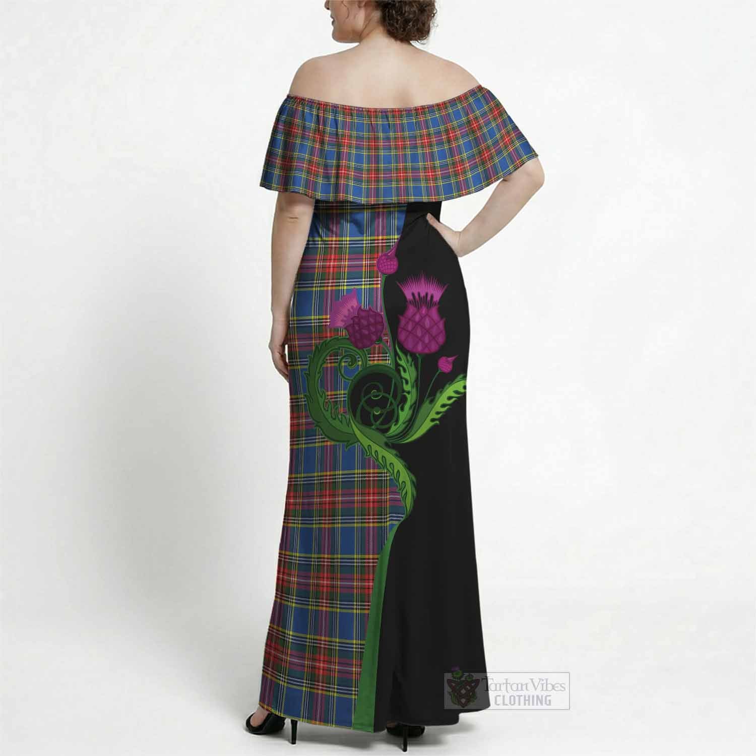 MacBeth (McBeth) Tartan Off Shoulder Ruffle Maxi Dress Traditional Scottish Thistle