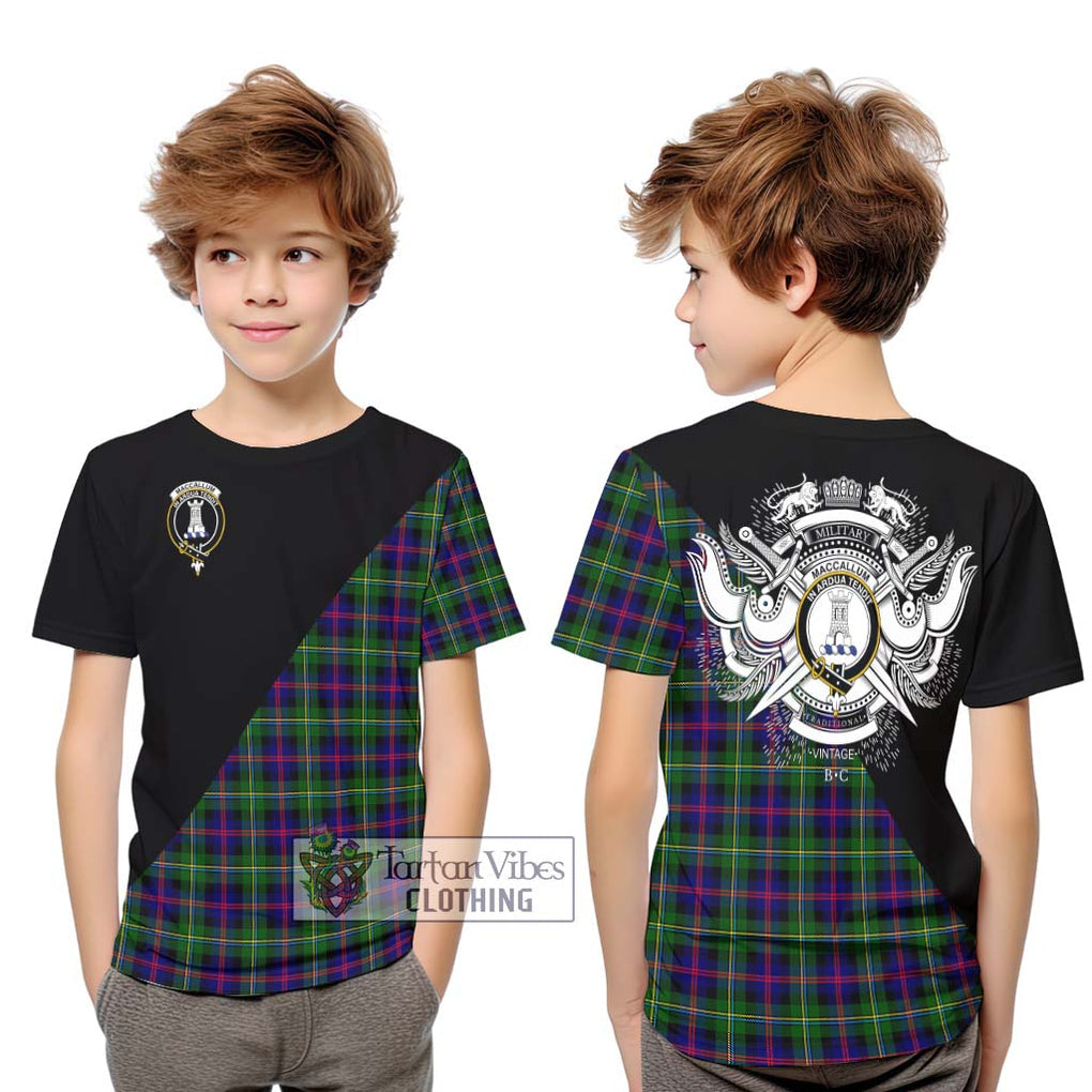 Tartan Vibes Clothing MacCallum #2 Tartan Kid T-Shirt with Family Crest and Military Logo Style