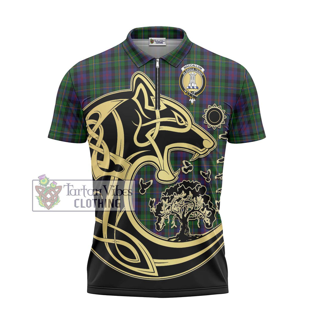 MacCallum (McCallum) Tartan Zipper Polo Shirt with Family Crest Celtic Wolf Style - Tartan Vibes Clothing